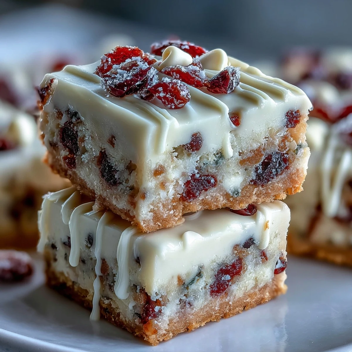 Cranberry Bliss Bars are cut into squares, revealing a buttery, cranberry-studded base topped with zesty orange cream cheese frosting.