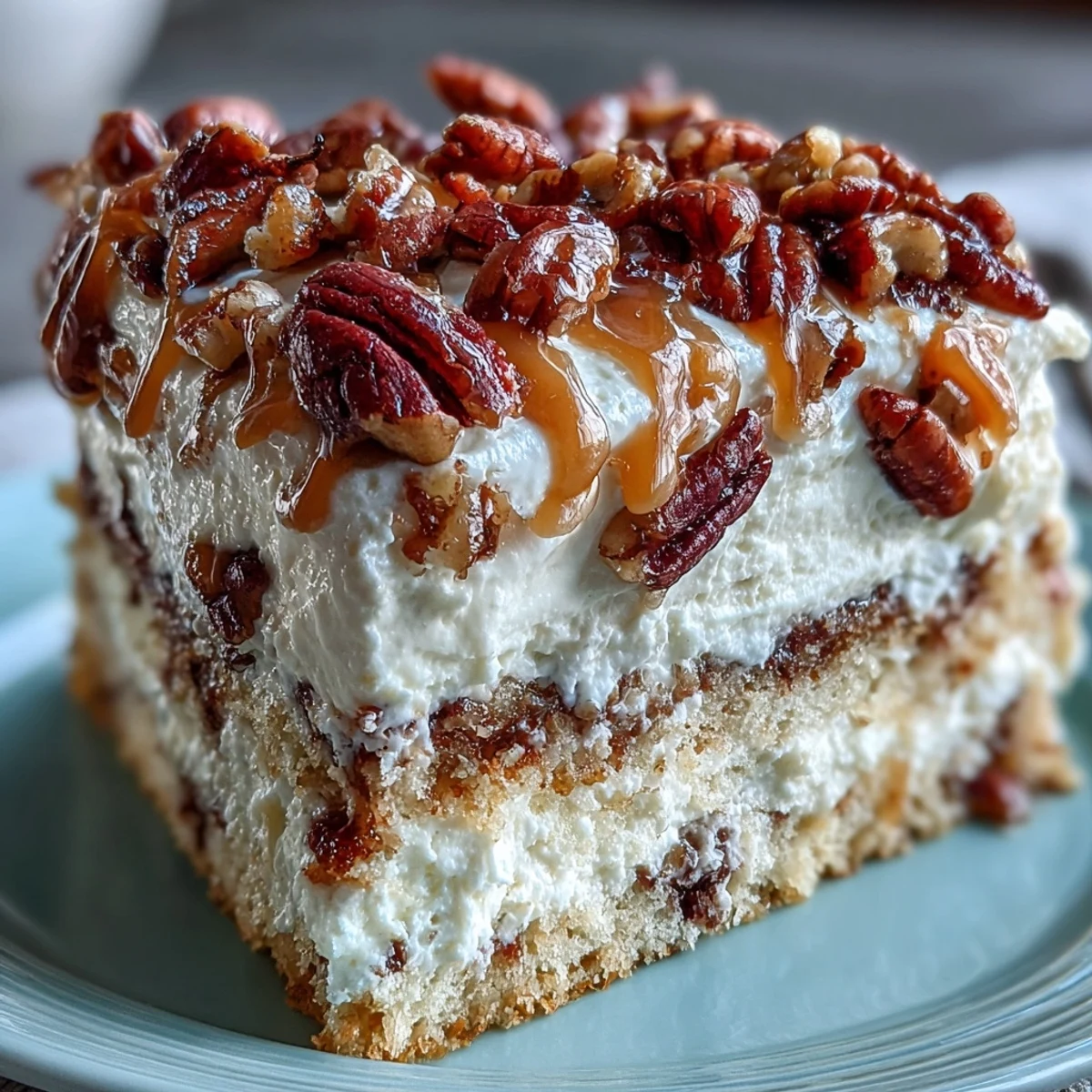 Chilled slice of Butter Pecan Tres Leches Cake revealing moist layers, drizzled with caramelized brown sugar and buttery nut topping.