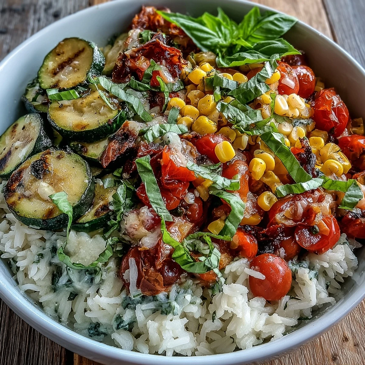 Colorful Summer Vegetable Bowl with tender zucchini, red and yellow bell peppers, and sweet corn served over warm white rice.