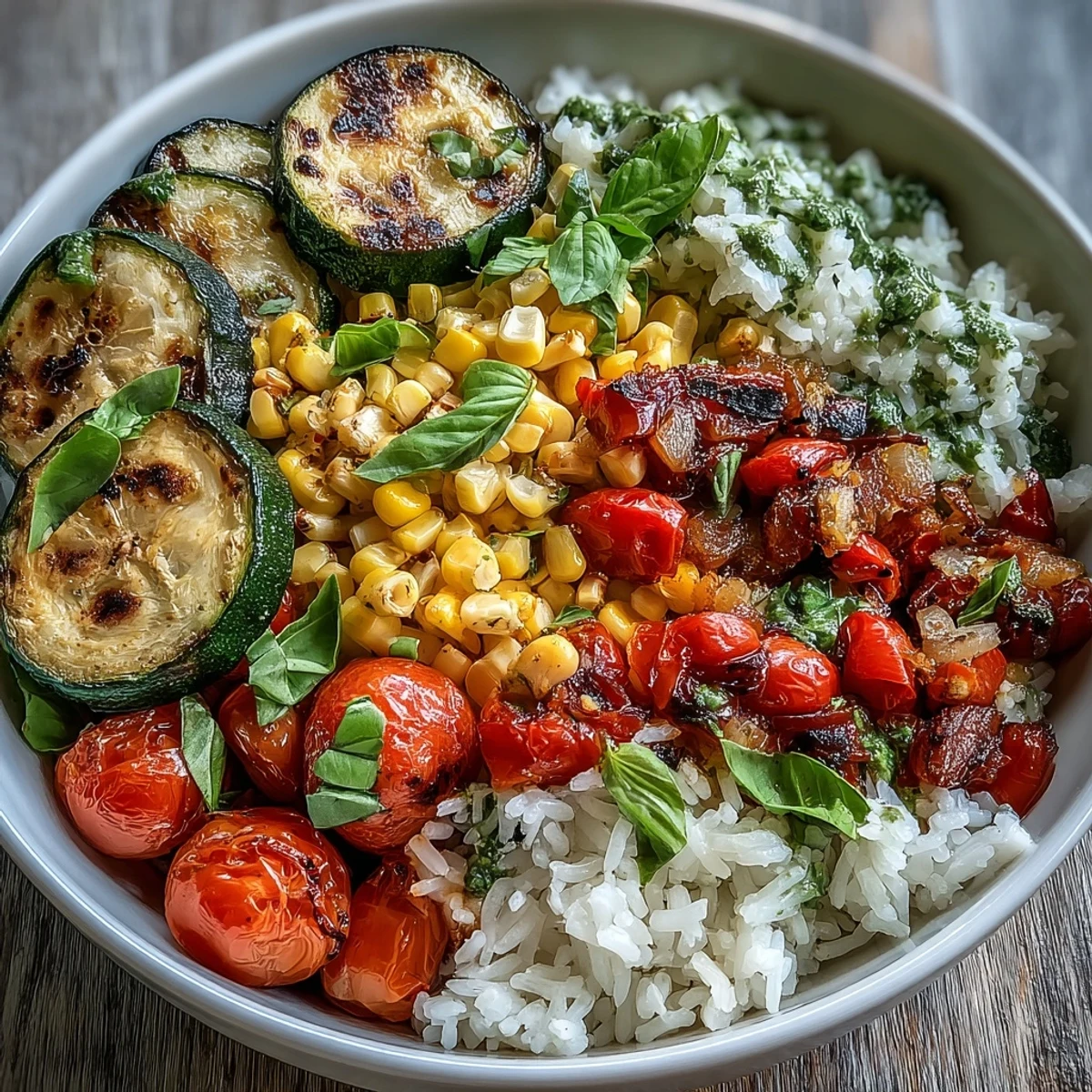 A vibrant Summer Vegetable Bowl features sautéed zucchini, juicy tomatoes, and sweet corn over fluffy rice, garnished with fresh basil.