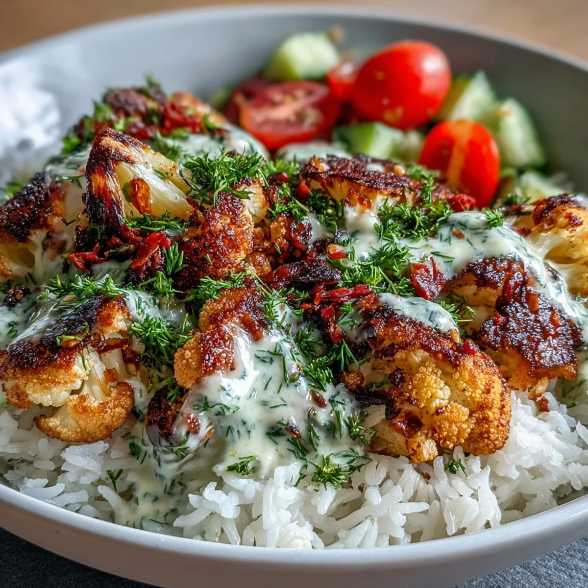 A nourishing Roasted Cauliflower Bowl with tender roasted cauliflower, crisp cucumber, spinach, and zesty tahini sauce over rice.
