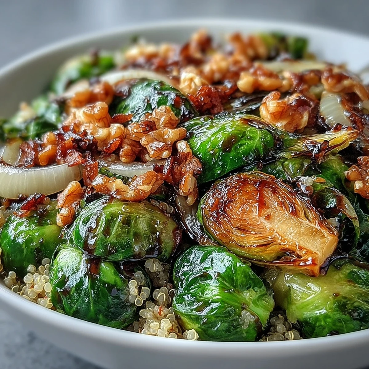 A vibrant bowl of roasted Brussels sprouts and quinoa, garnished with walnuts, cranberries, and pumpkin seeds.