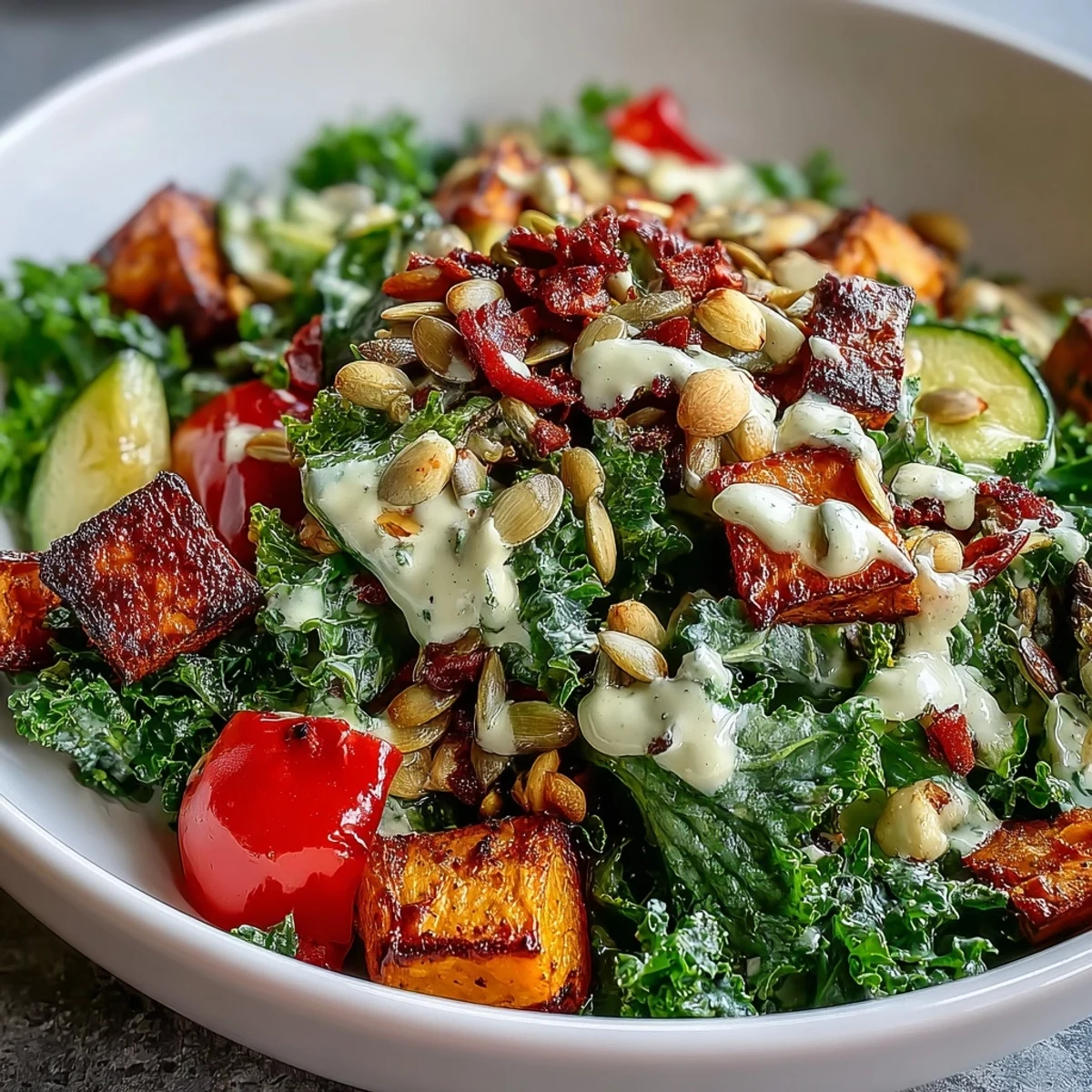 A close-up of a vibrant Kale Salad Bowl with massaged kale, roasted sweet potato, zucchini, and red bell pepper, topped with almonds, seeds, and creamy tahini dressing.