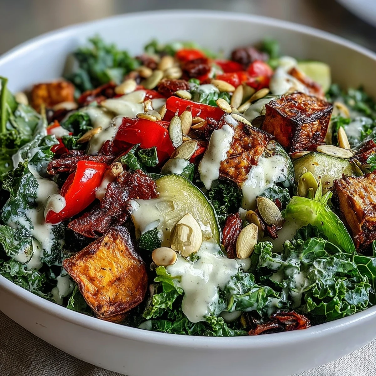 Serving suggestion of a healthy Kale Salad Bowl, featuring a colorful mix of roasted vegetables, crunchy nuts, and seeds on a bed of tender greens.