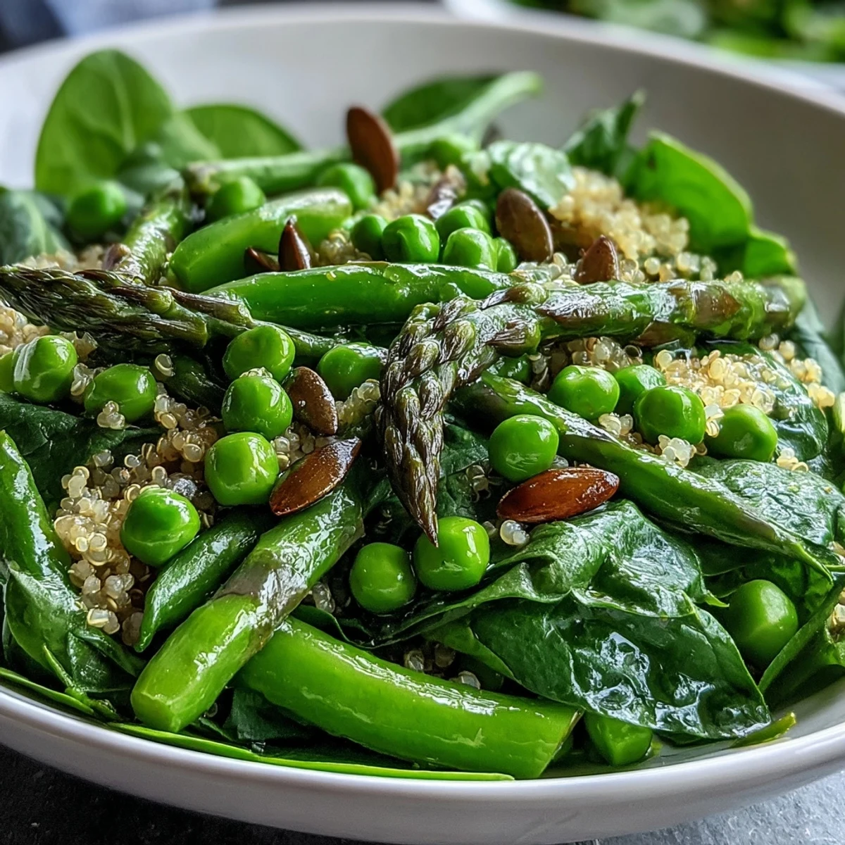 Fresh Spring Green Bowl with bright peas, crisp asparagus, and spinach on quinoa, drizzled with lemon dressing.