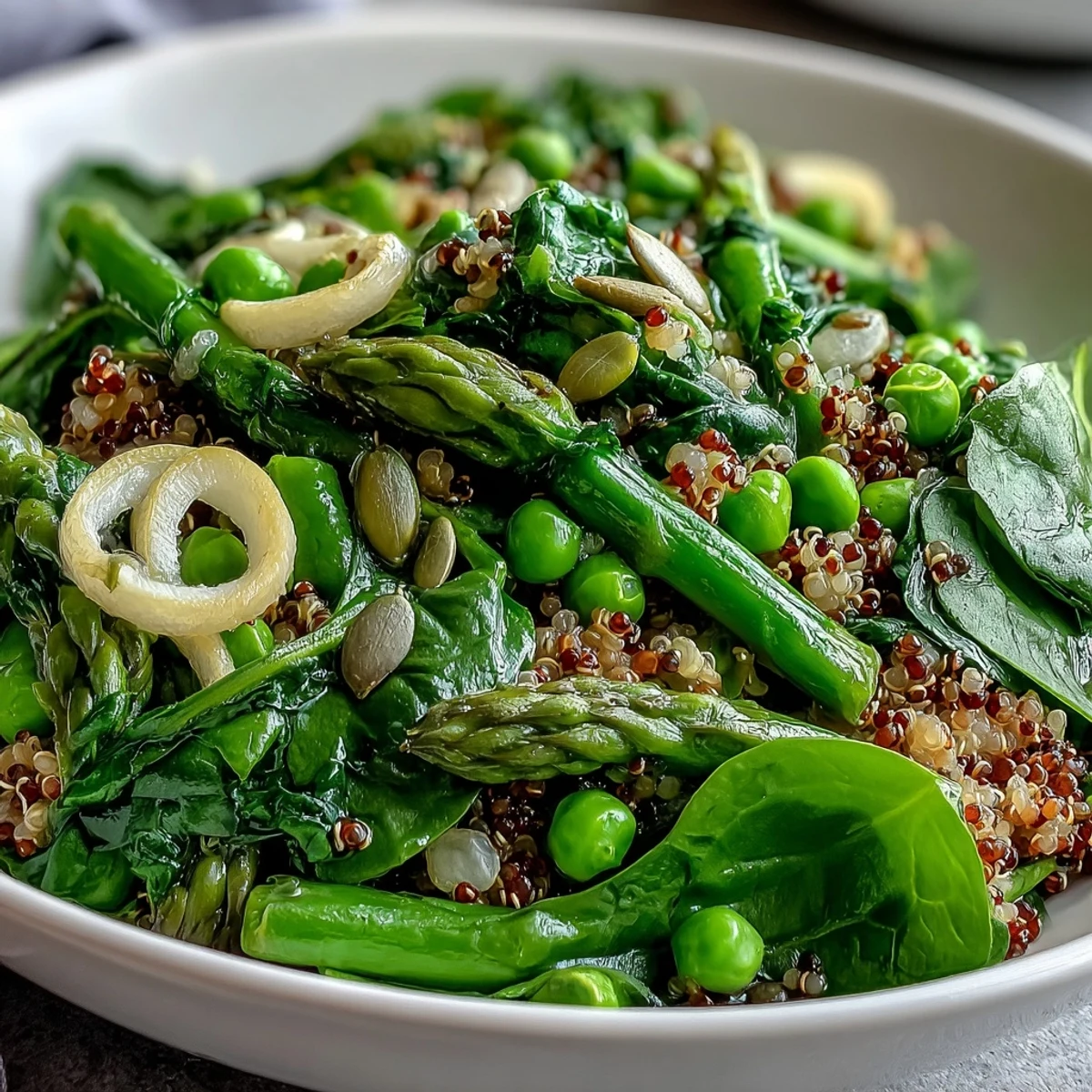 Healthy Spring Green Bowl with wilted spinach, peas, and asparagus, finished with fresh herbs and zesty lemon dressing.