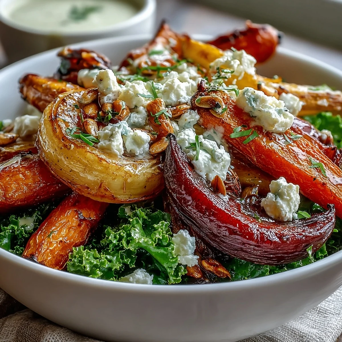 Vibrant Winter Root Vegetable Bowl with caramelized sweet potato, beets, and kale topped with pumpkin seeds.