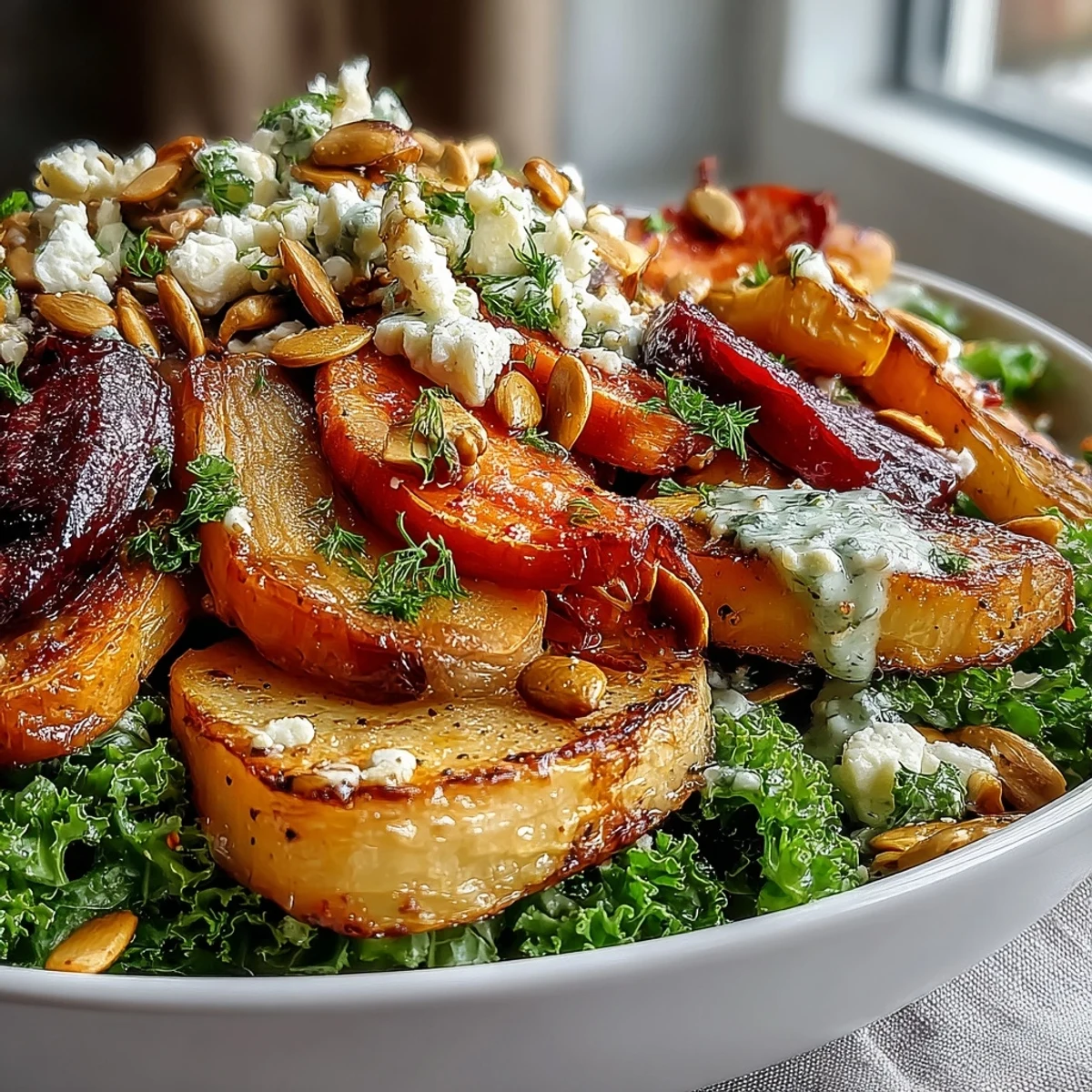 Warm and cozy Winter Root Vegetable Bowl with massaged kale, feta, and toasted pepitas on white marble.