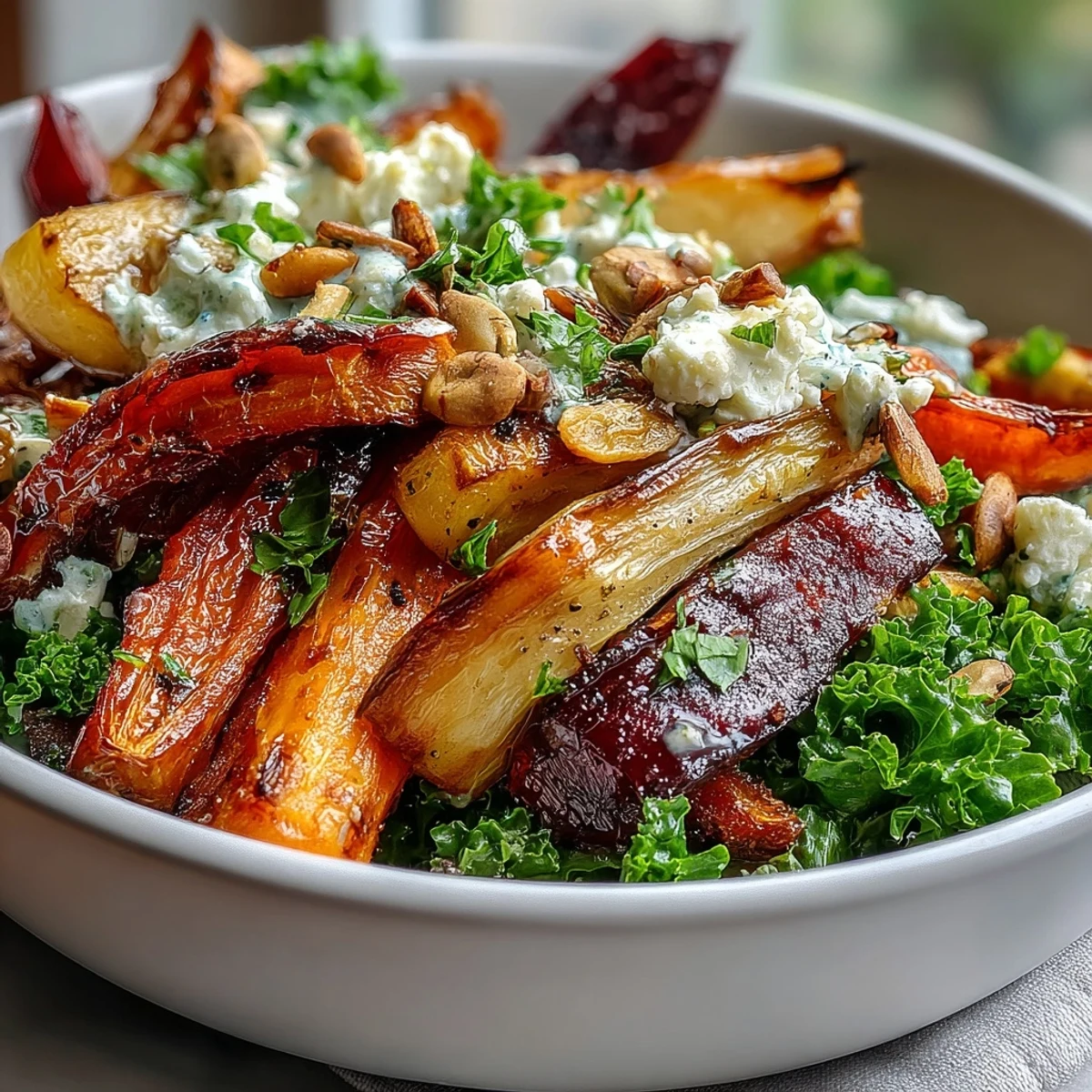 Hearty Winter Root Vegetable Bowl featuring golden roasted parsnips, carrots, and tangy apple cider dressing.