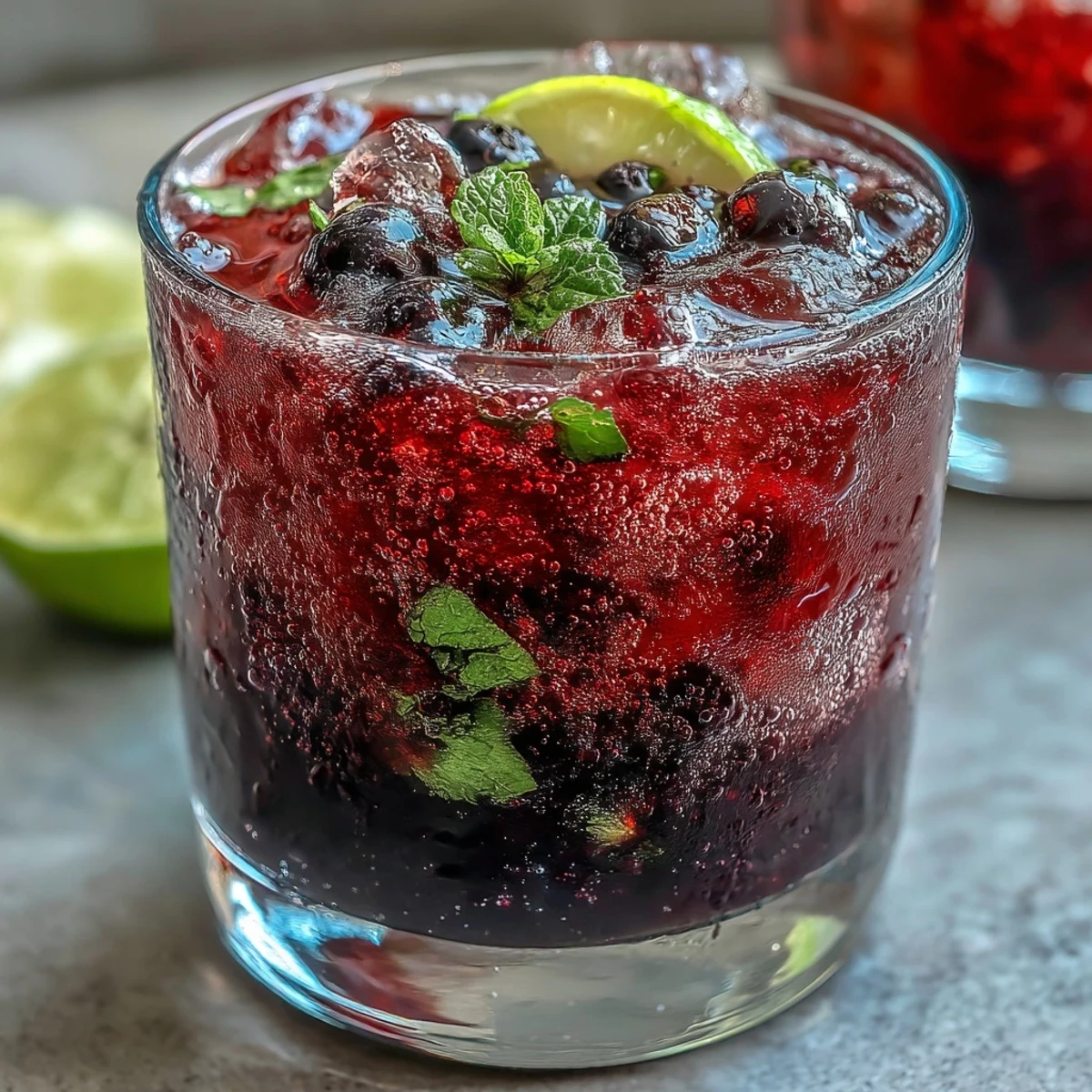Close-up of a Black Currant Mojito topped with club soda bubbles, fresh mint sprigs, and a colorful berry garnish.