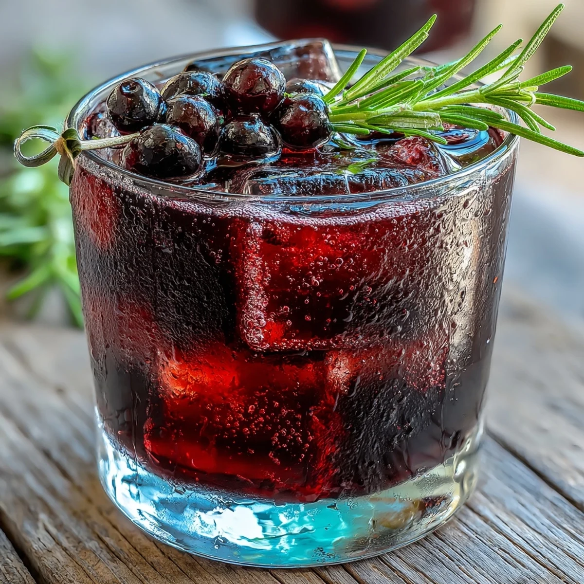 Black Currant Rosemary Cocktail garnished with a fresh rosemary sprig, served over clear ice in a chilled rocks glass.