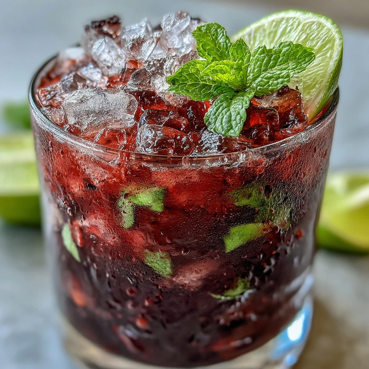 A close-up of a Black Currant Mojito with crushed ice, mint sprig, and lime wheel garnish.