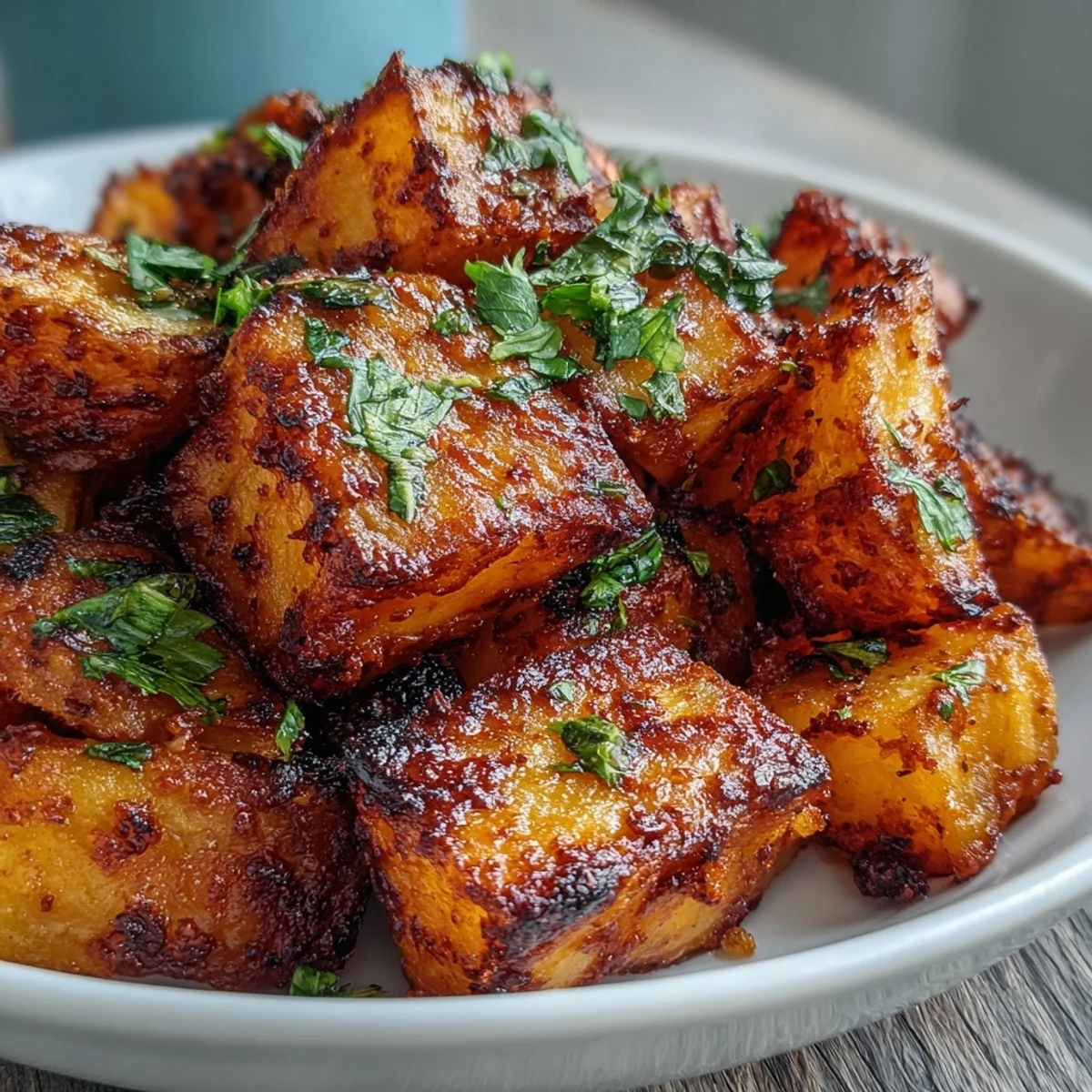 Golden-brown potato cubes in a skillet, coated in chili and paprika with minced garlic.