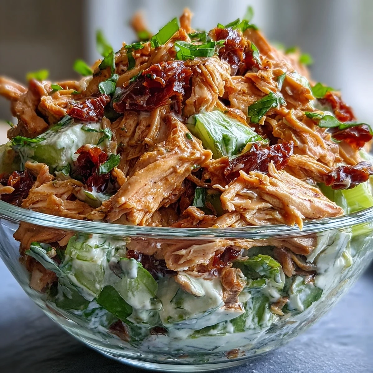 This Sun-Dried Tomato Chicken Salad is spooned onto whole wheat toast slices for a quick, protein-packed lunch.