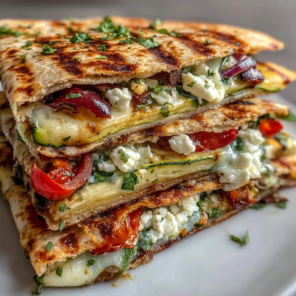 Grilled Mediterranean Veggie Quesadillas on a rustic board, featuring golden whole wheat tortillas stuffed with charred zucchini, bell peppers, onions, and melted feta.
