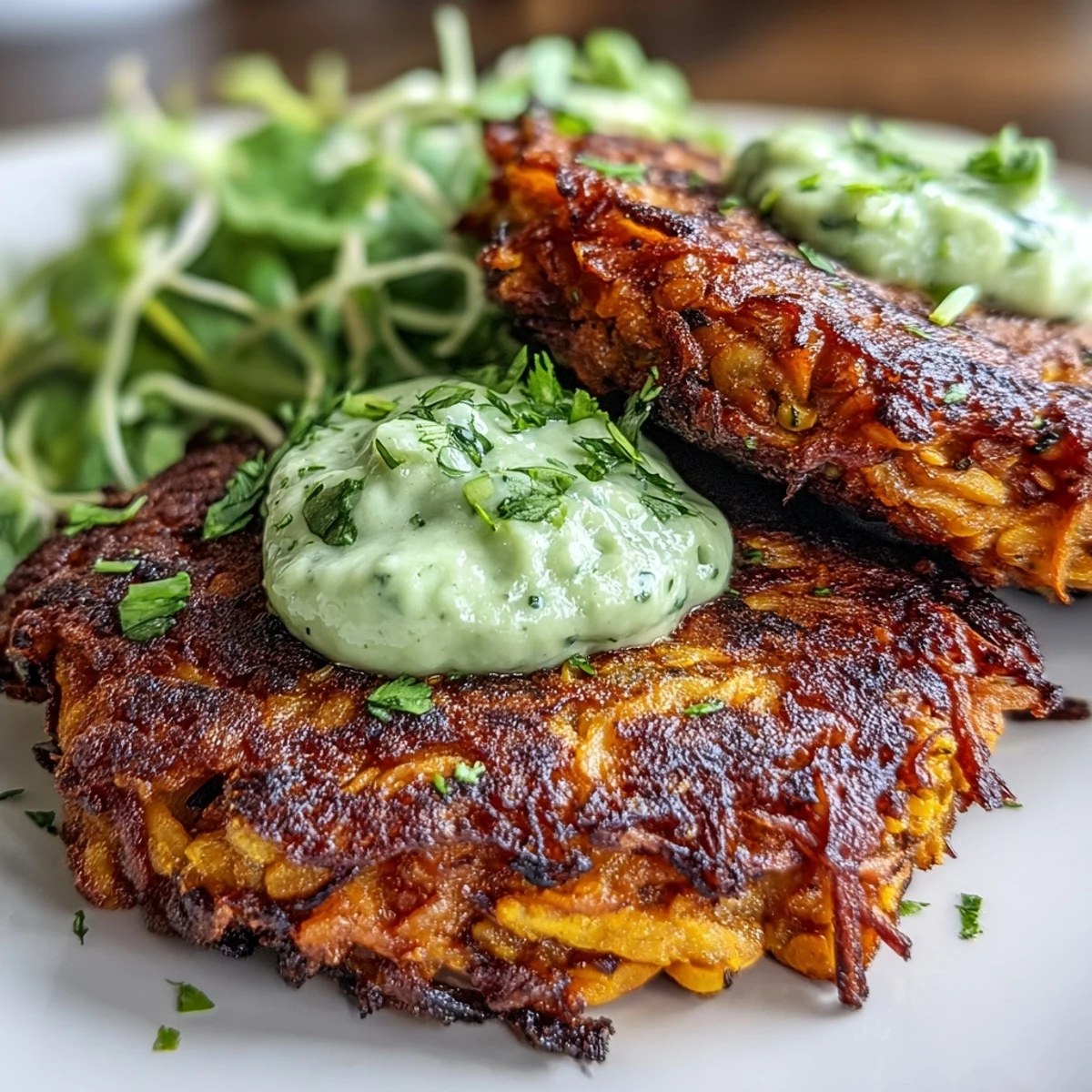 Freshly pan-fried Crispy Sweet Potato & Red Lentil Patties served warm with a vibrant green avocado dipping sauce.