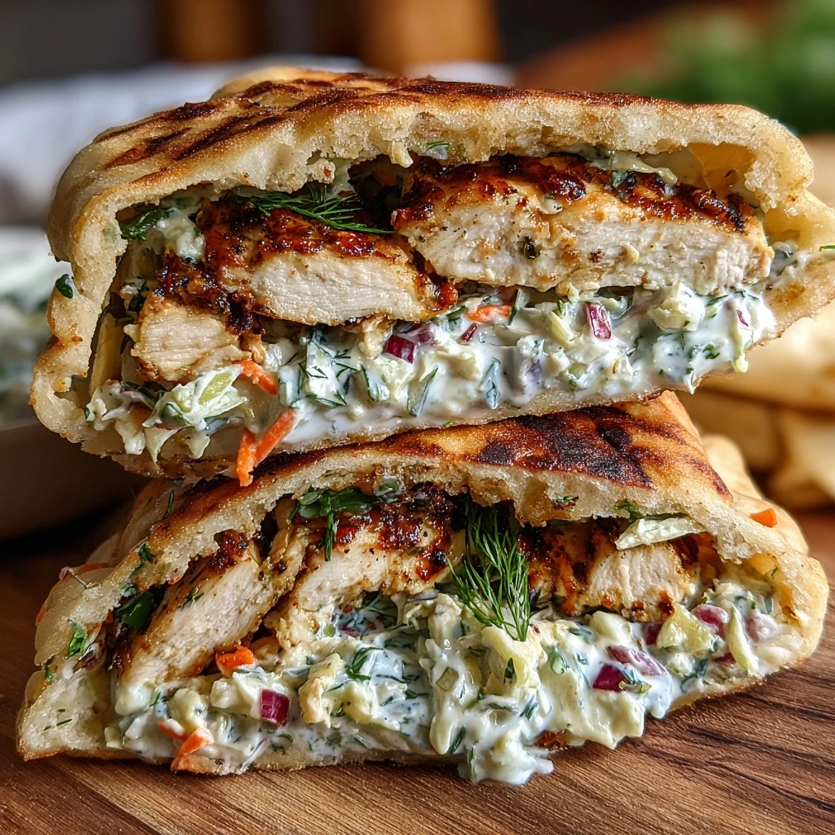 Juicy spiced chicken tucked into warm pita bread, piled high with a bright, creamy herby ranch slaw for a satisfying weeknight dinner.