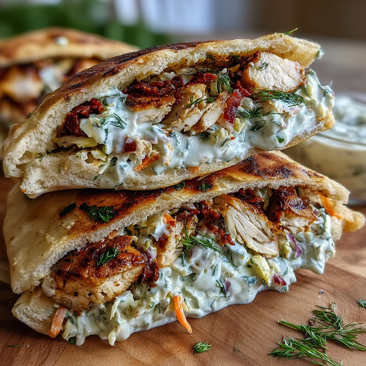 A vibrant Flavor-Packed Chicken Pitas with Creamy Herby Ranch Slaw, filled with tender sliced chicken and crisp veggies for a hearty meal.
