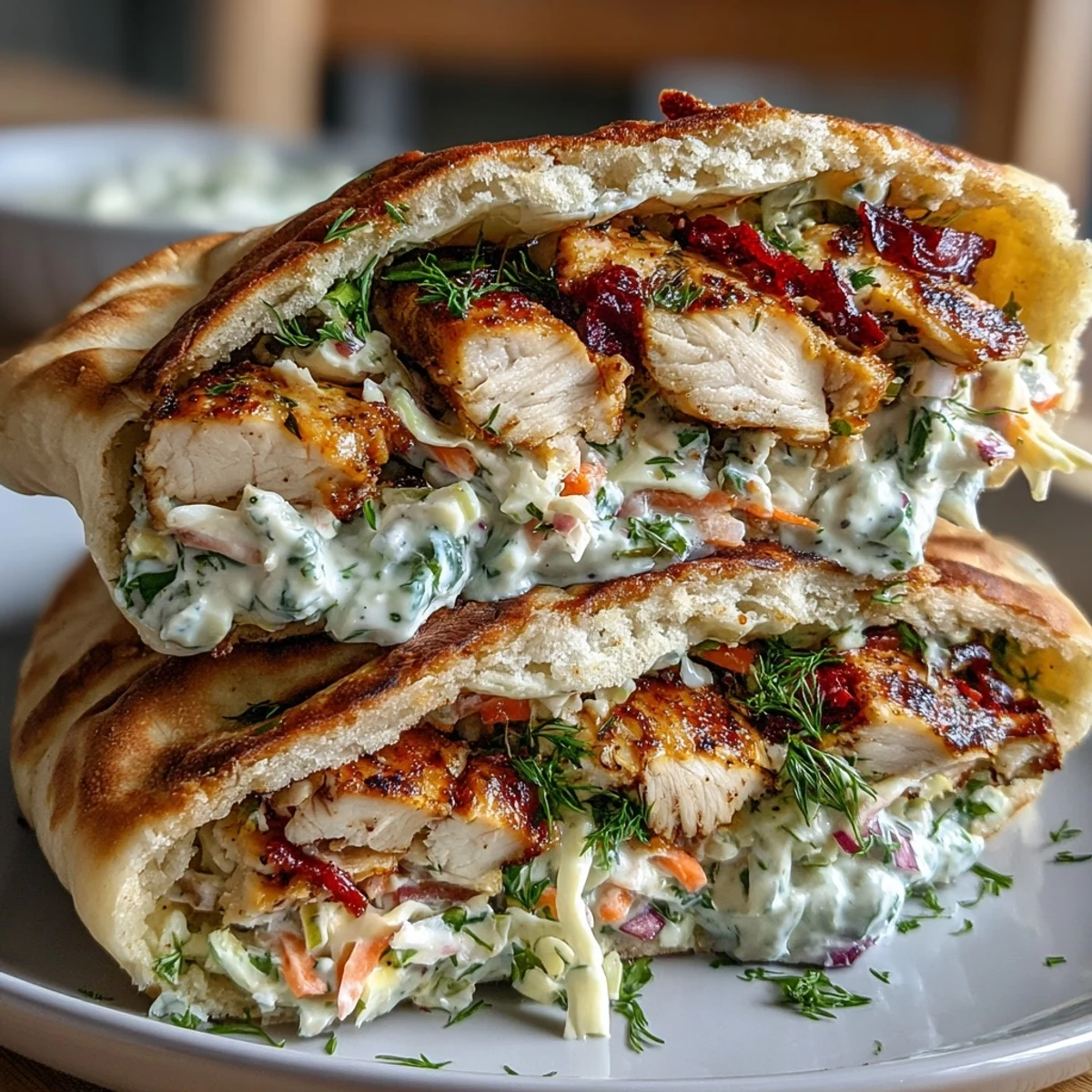 Fresh dill and parsley ranch slaw adds crunch to golden grilled chicken nestled inside a soft pita, served with lemon wedges.