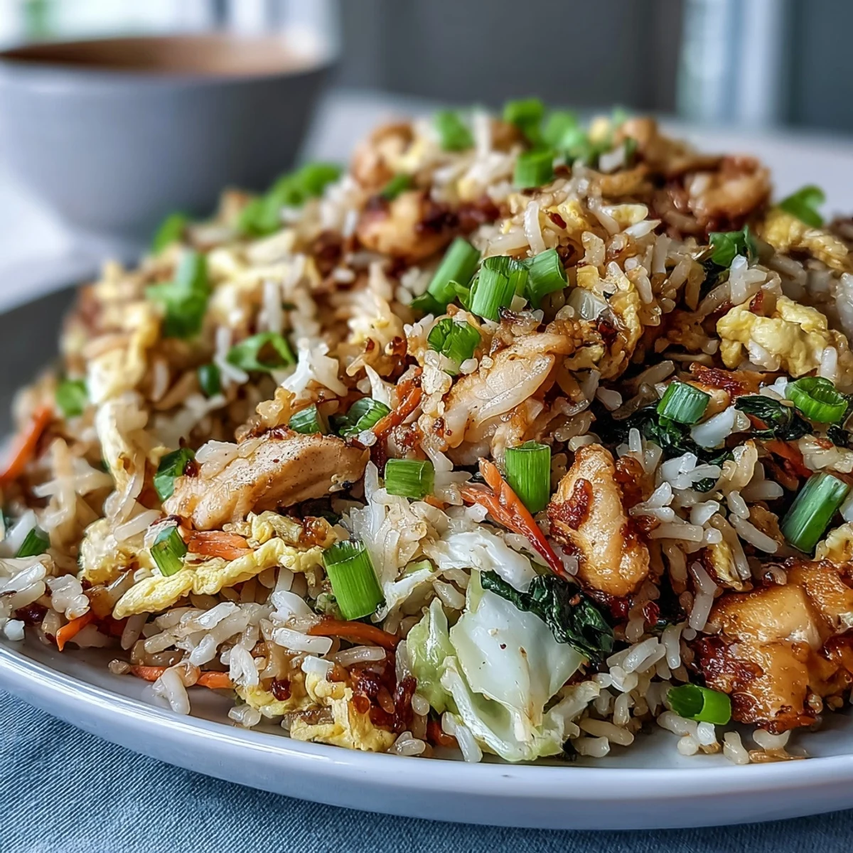 Close-up of Egg Roll Fried Rice with Chicken showing fluffy rice, tender chicken, and crisp cabbage and carrots garnished with green onions.