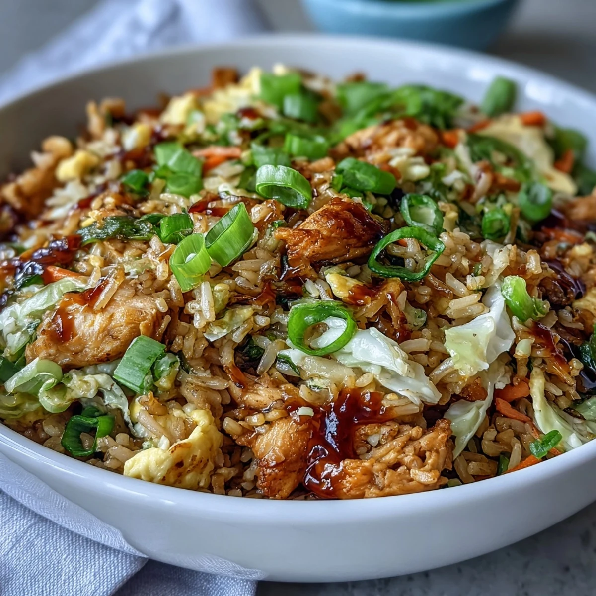 A hot skillet of Egg Roll Fried Rice with Chicken featuring scrambled eggs, bean sprouts, and colorful vegetables for a quick family dinner.