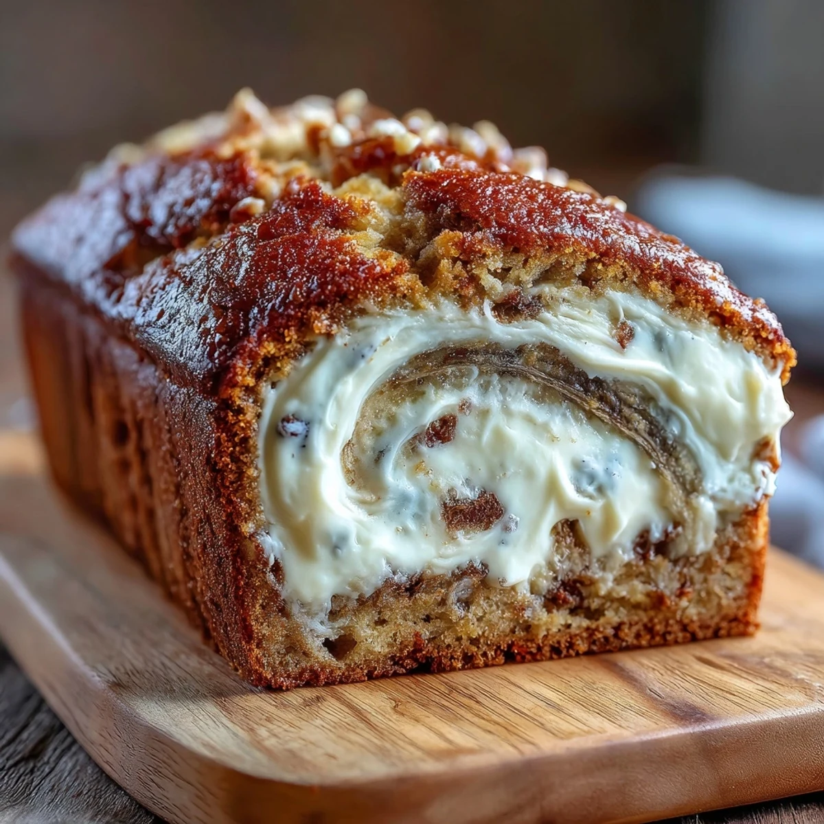 A golden loaf of Cream Cheese Cinnamon Swirl Protein Loaf topped with extra cinnamon and a drizzle of honey.