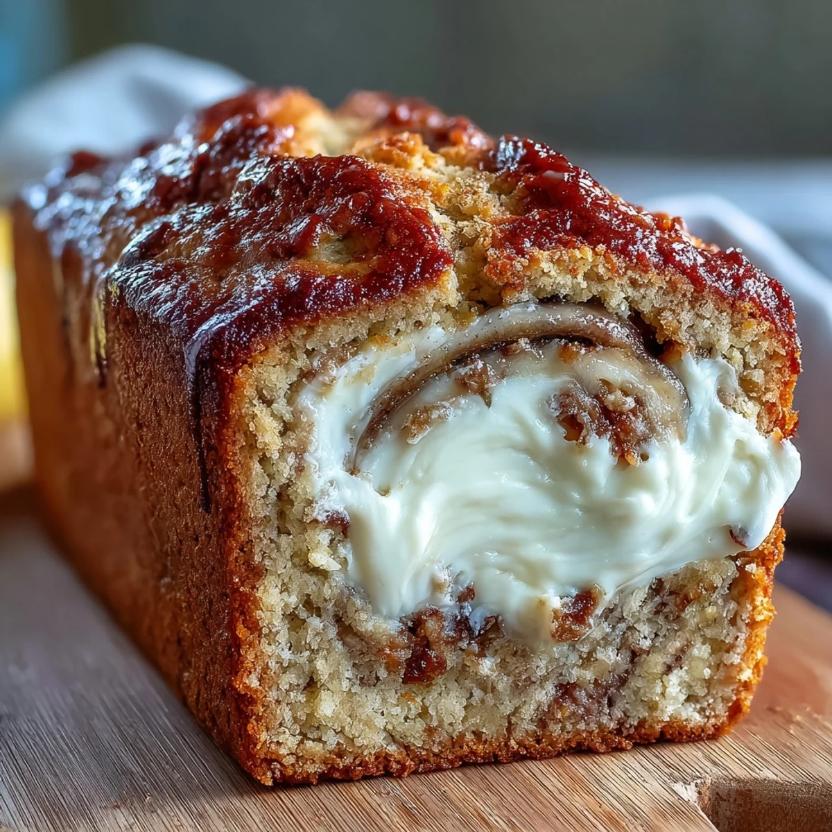 A thick slice of Cream Cheese Cinnamon Swirl Protein Loaf reveals a rich marbled interior on a plate.