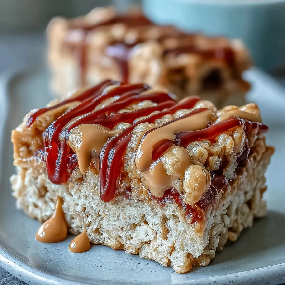 Homemade High-Protein PB&J Rice Krispie Bars with a creamy peanut butter drizzle and vibrant jelly swirls on a wooden board.