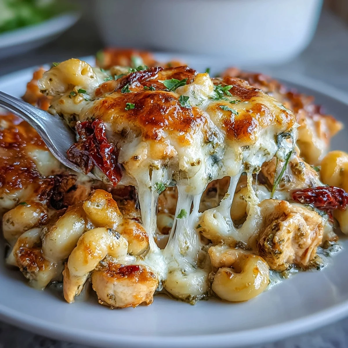 Golden-brown diced chicken simmers with al dente pasta in a creamy Pesto Chicken Chili Mac, garnished with melted mozzarella.