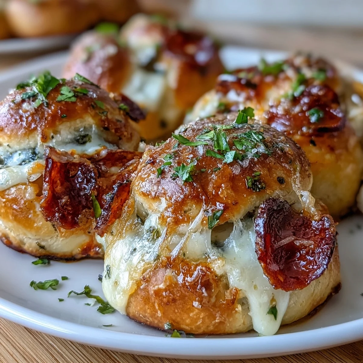 Freshly baked Pizza Roll Stuffed Garlic Knots resting on parchment, brushed with melted garlic butter and parsley.