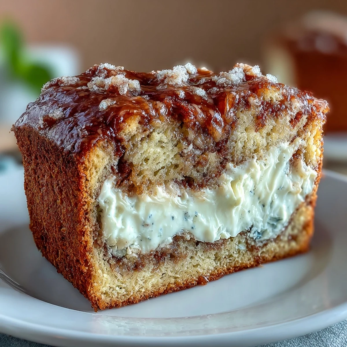Freshly baked Cream Cheese Cinnamon Swirl Protein Loaf with a moist, golden-brown top and visible ribbon of spiced cream cheese.