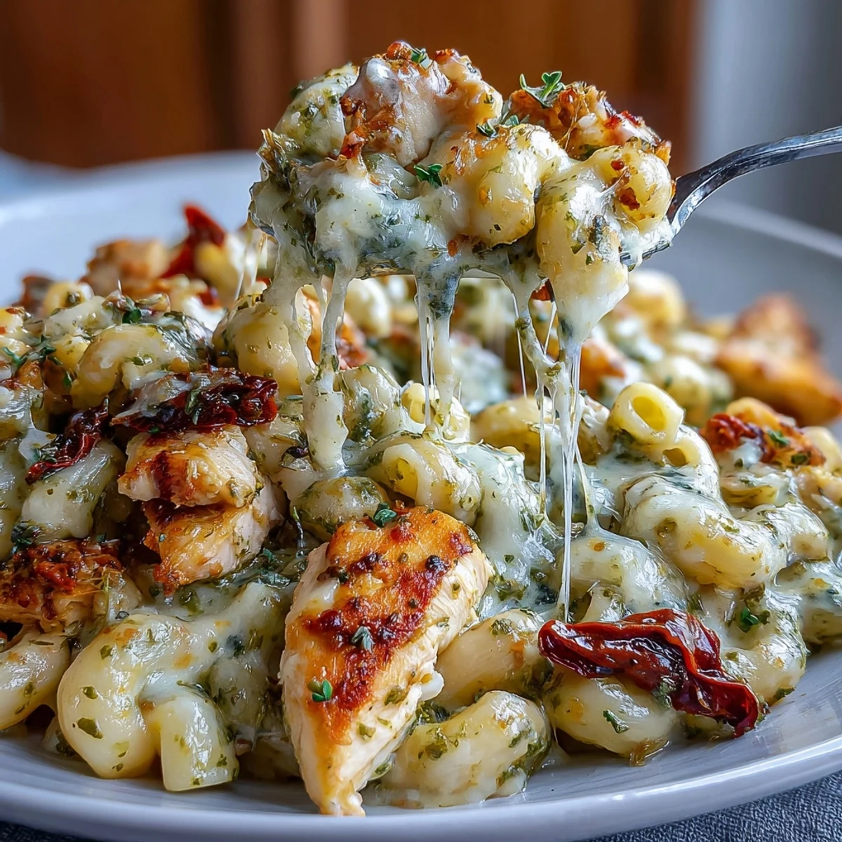 Steaming bowl of Pesto Chicken Chili Mac featuring tender chicken, al dente elbow pasta, melted mozzarella, and vibrant pesto swirls.