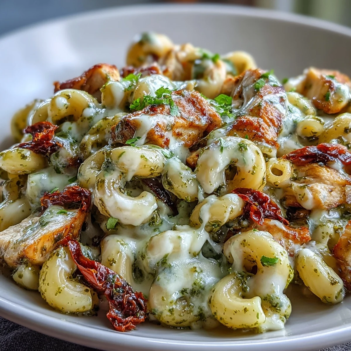A close-up of creamy Pesto Chicken Chili Mac, highlighting oozy mozzarella cheese and savory chunks of seasoned chicken.