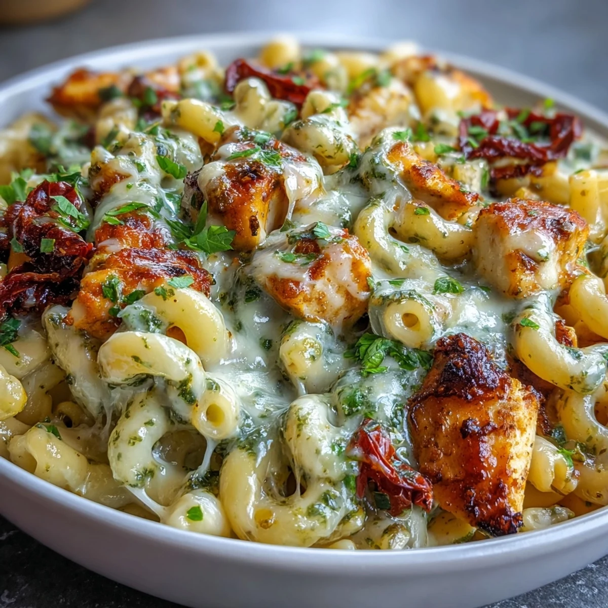 Garnished with fresh basil and sun-dried tomatoes, this hearty one-pot Pesto Chicken Chili Mac is ready to serve.