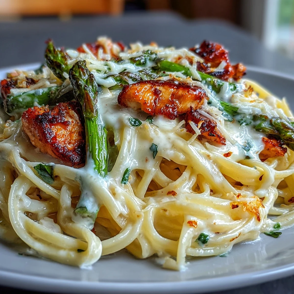 Golden-brown, crispy Asiago asparagus rests atop creamy Asiago Chicken & Asparagus Pasta with tender linguine and diced chicken.