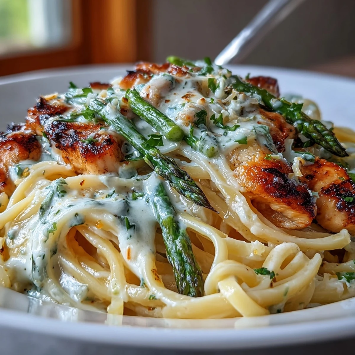 Freshly chopped parsley and grated Asiago garnish a warm bowl of Asiago Chicken & Asparagus Pasta for a comforting dinner.