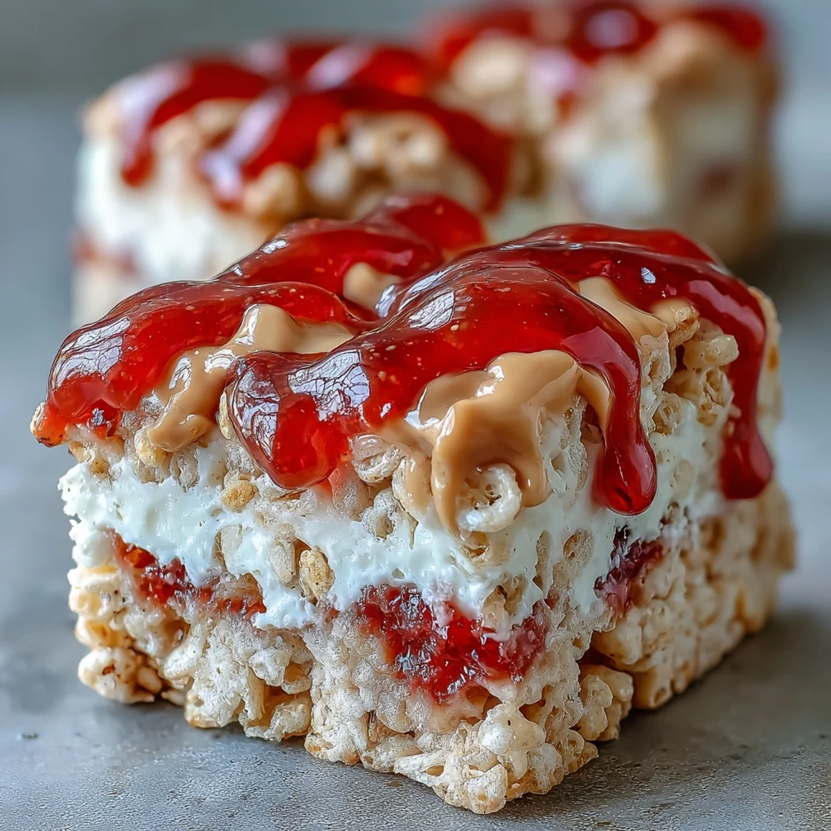 Chilled High-Protein PB&J Rice Krispie Bars are cut into neat squares, revealing a marbled interior with peanut butter drizzle and strawberry jelly swirls.