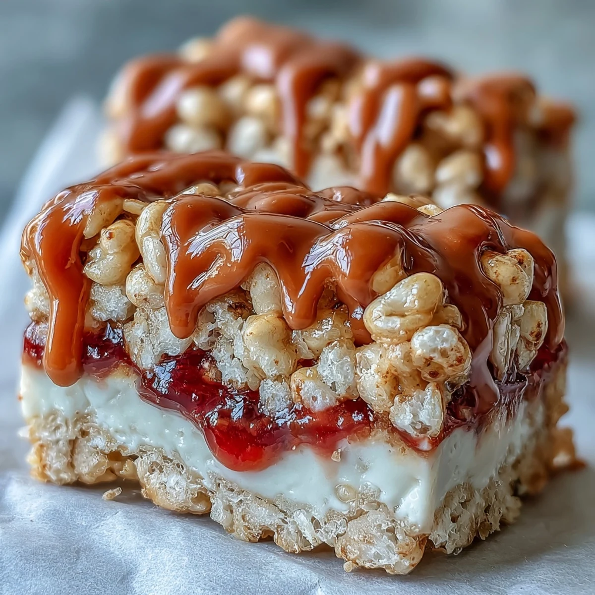 Freshly pressed High-Protein PB&J Rice Krispie Bars show a golden cereal base topped with a glossy peanut butter glaze and vibrant berry jam ribbons.