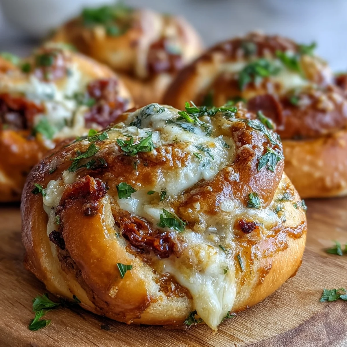 A platter of warm Pizza Roll Stuffed Garlic Knots served with a small bowl of marinara dipping sauce.
