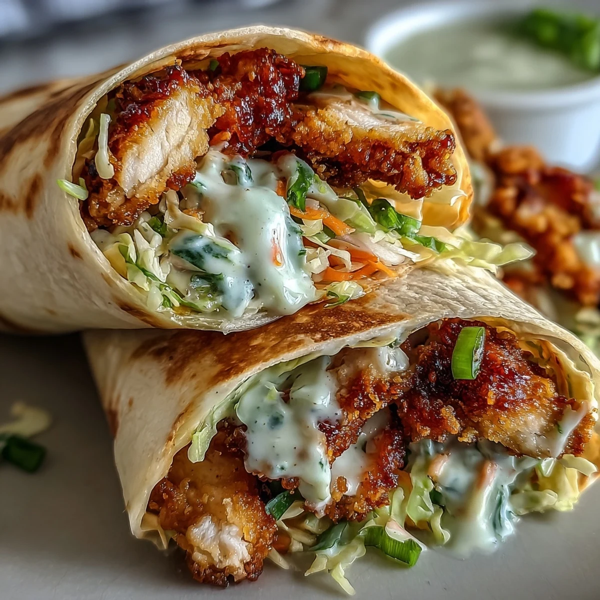 Two halved Crispy KFC Turkey Snack Wraps on a rustic plate, garnished with fresh herbs and lime wedges.