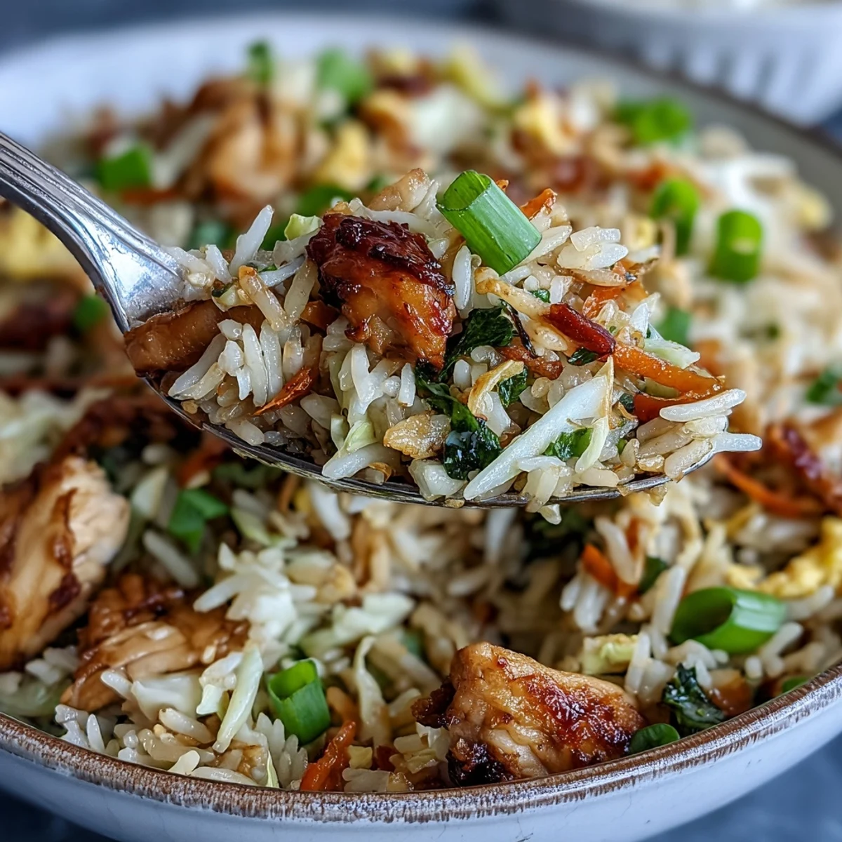 Close-up of Egg Roll Fried Rice with Chicken showing fluffy jasmine rice, tender shredded chicken, and crisp cabbage-carrot slaw tossed in a savory soy-sesame sauce.