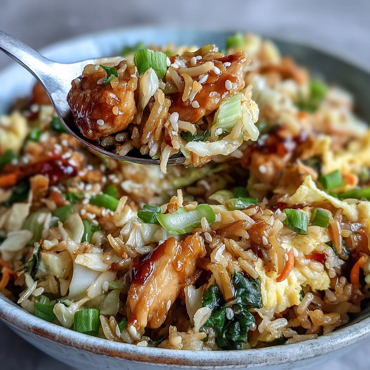 Family-style platter of Egg Roll Fried Rice with Chicken served with extra green onions, ready to pair with a cold lager for weeknight dinner.