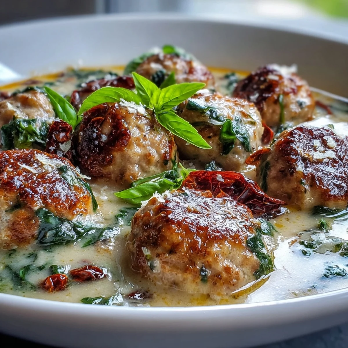 Fresh basil garnishes a spoonful of rich Creamy Tuscan Turkey Meatball Soup, highlighting the creamy, garlic Parmesan broth and tender meatballs.