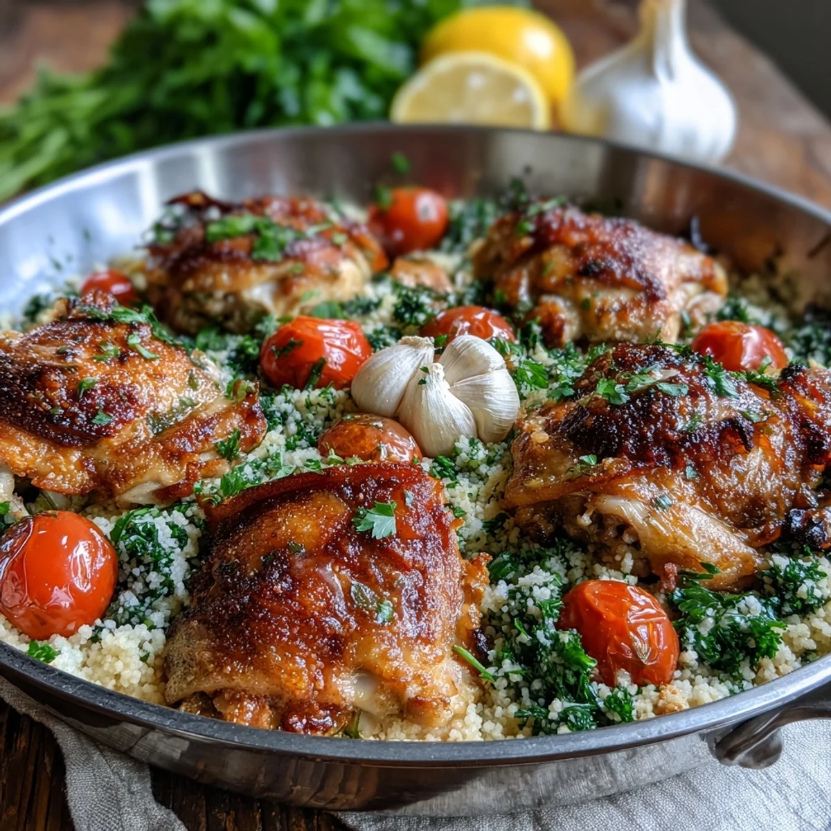 Golden-brown chicken thighs glazed in garlic butter rest on a bed of fluffy couscous with vibrant cherry tomatoes and fresh parsley garnish, served with lemon wedges. 