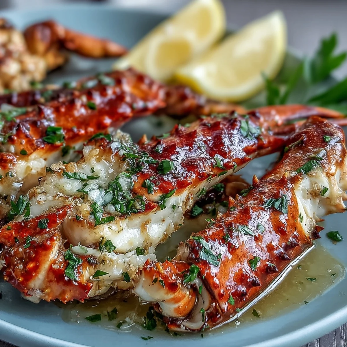 Restaurant-style Keto Garlic Butter Crab Legs garnished with parsley and lemon wedges, ready to serve for dinner.