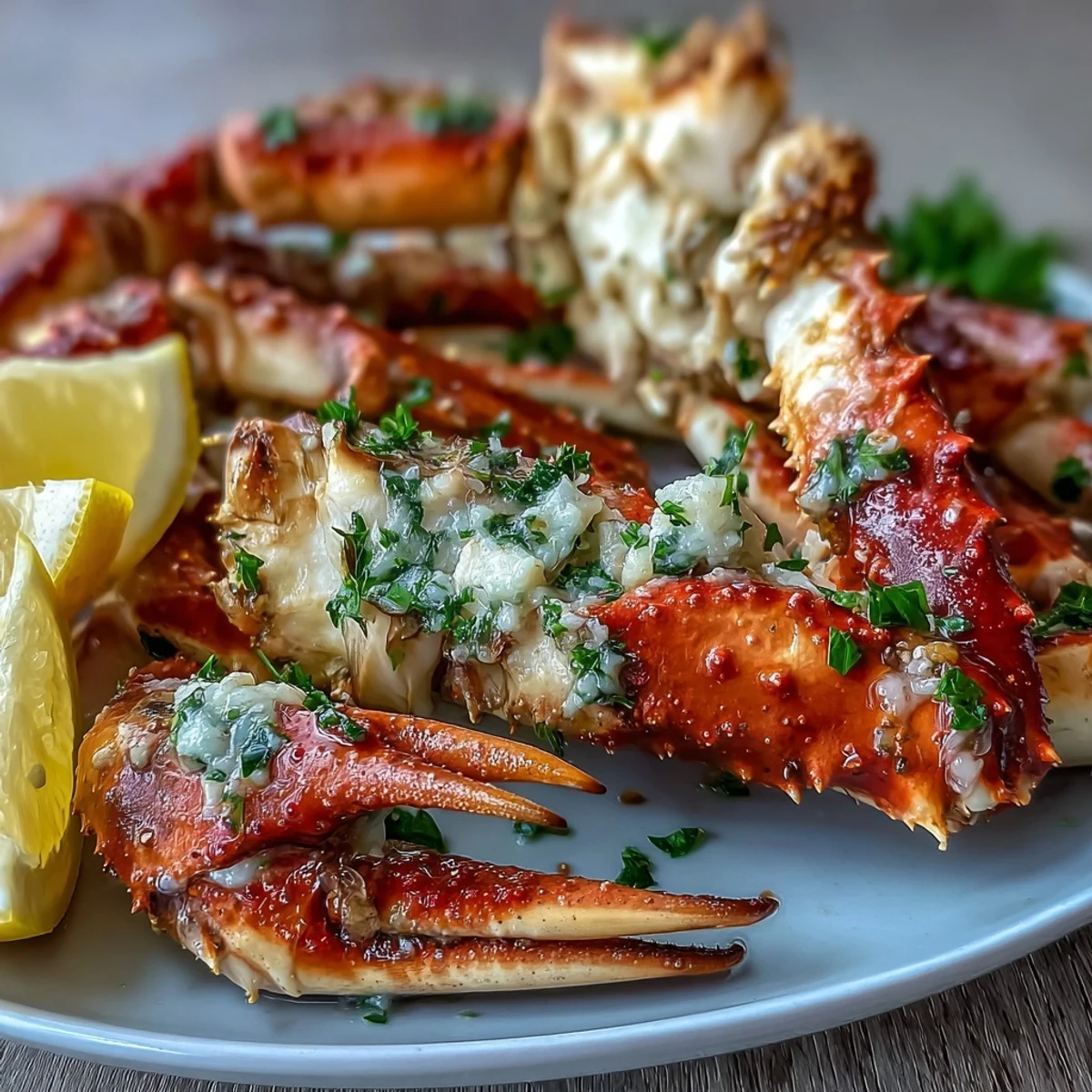 Succulent Keto Garlic Butter Crab Legs brushed with herb butter, served hot on a platter with lemon wedges.