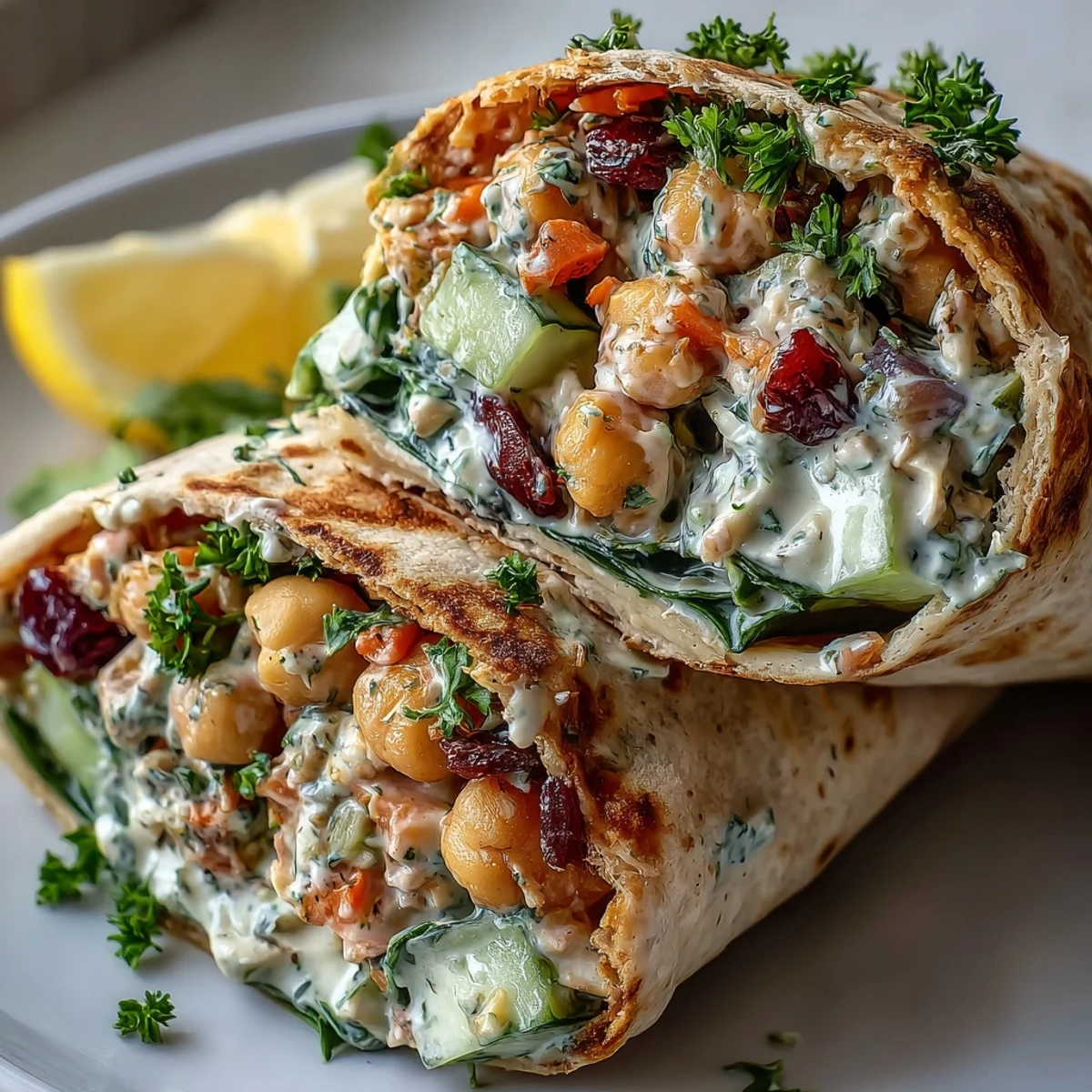 Golden-brown whole wheat wraps cut diagonally, revealing layers of smashed chickpea filling, crisp carrots, and fresh spinach drizzled with creamy lemon tahini dressing on a rustic wood board.