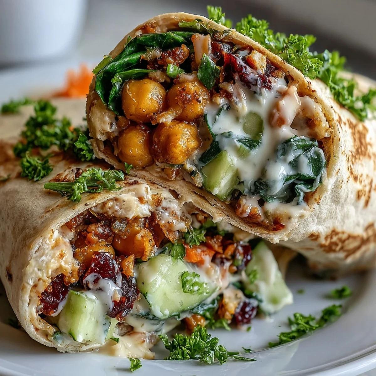 Close-up shot of a hand holding a warm wrap, showcasing the texture of chunky chickpeas and glossy dressing, with extra vegetables spilling out onto a white plate.