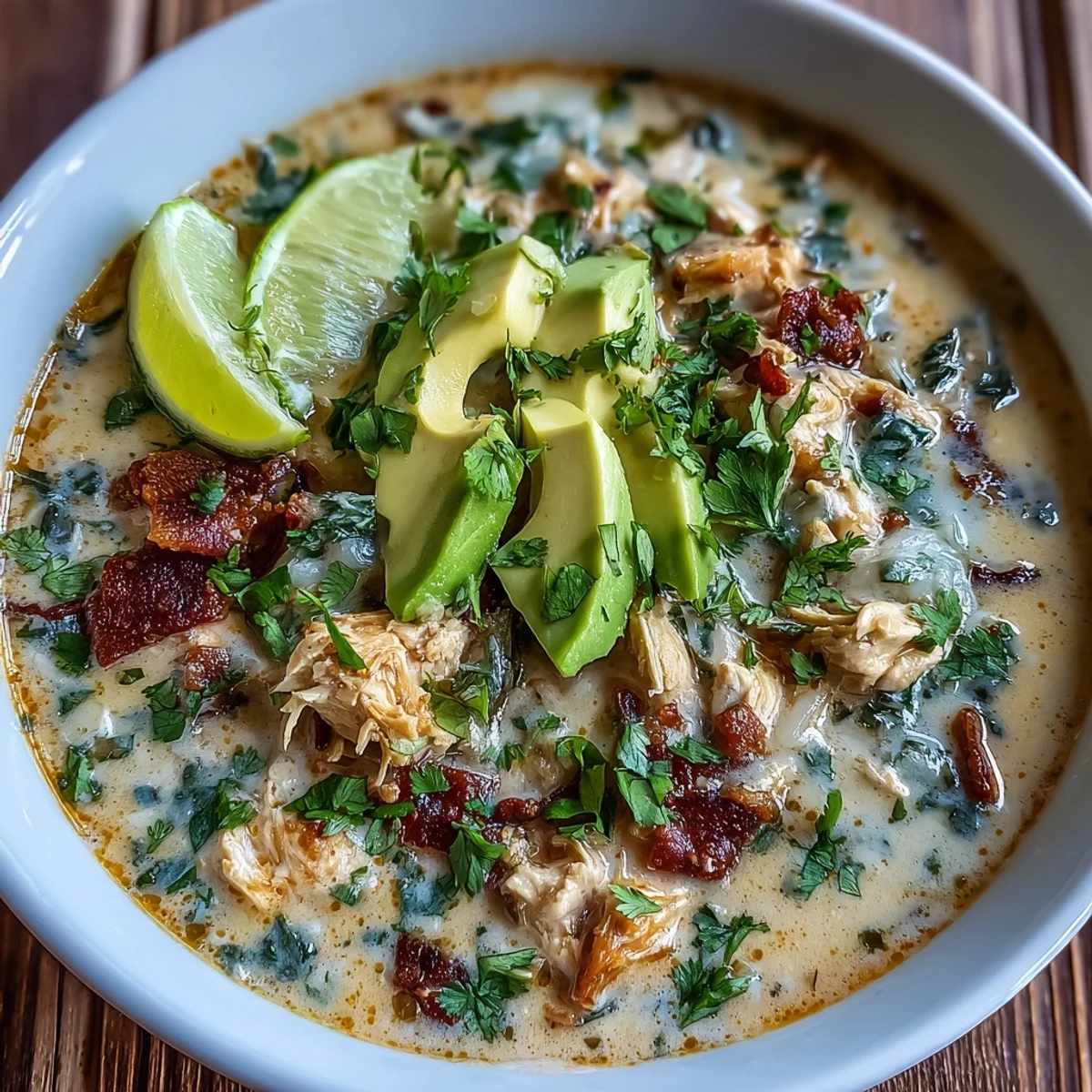 Creamy Keto Creamy Chicken Enchilada Soup steaming in a bowl, topped with avocado, cilantro, and melted cheddar for a cozy low-carb dinner.