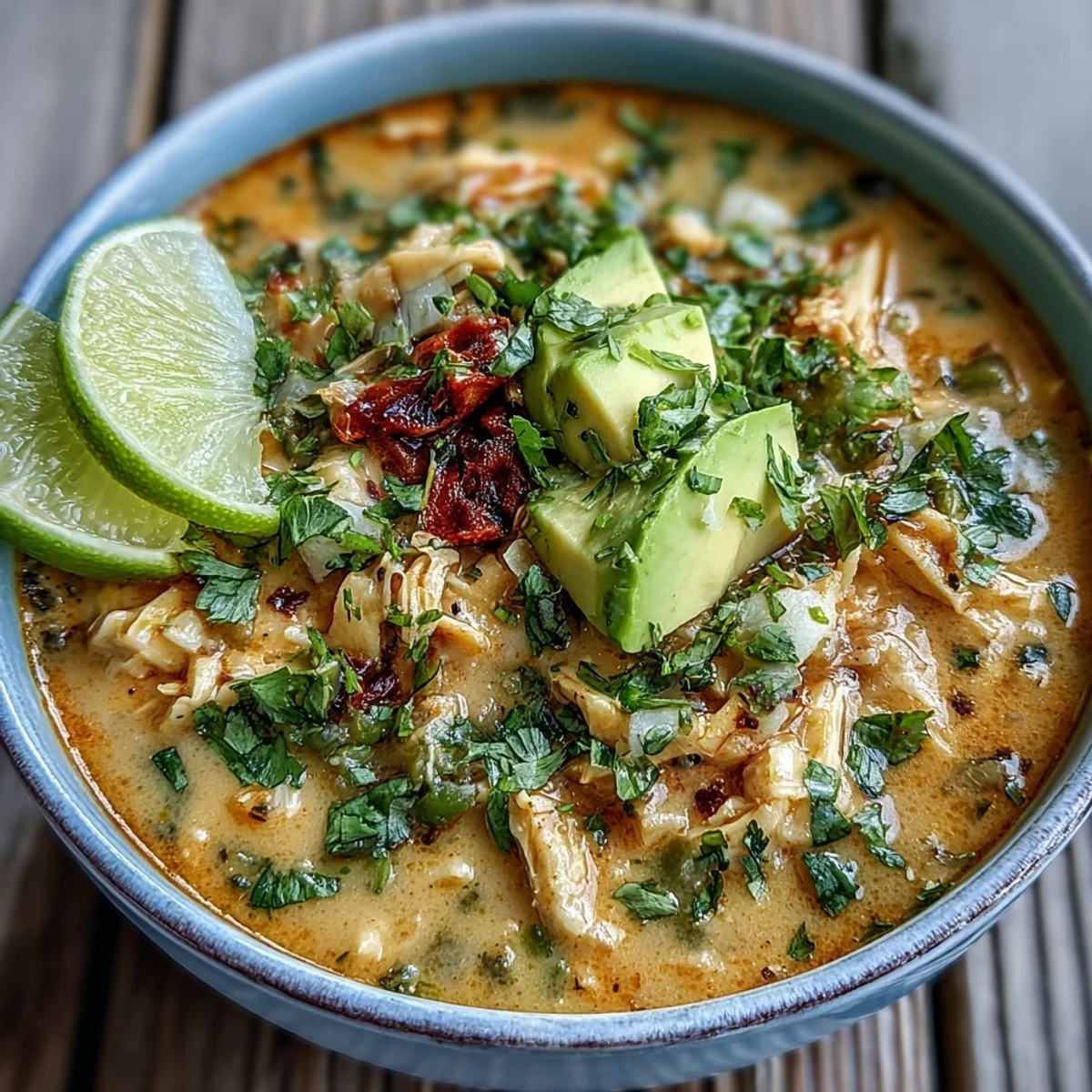 Keto Creamy Chicken Enchilada Soup served with lime wedges and avocado, garnished with fresh cilantro, perfect for a family-style Mexican-inspired meal.